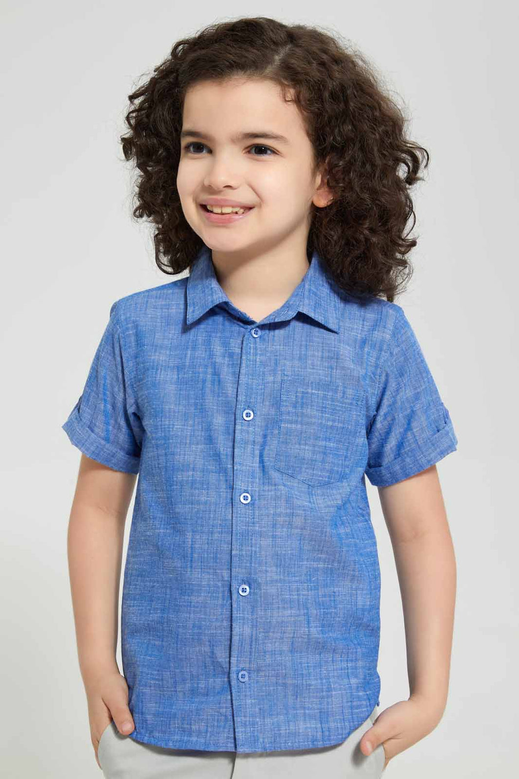 Redtag-Blue-Two-Tone-Short-Sleeve-Shirt-Casual-Shirts-Boys-2 to 8 Years