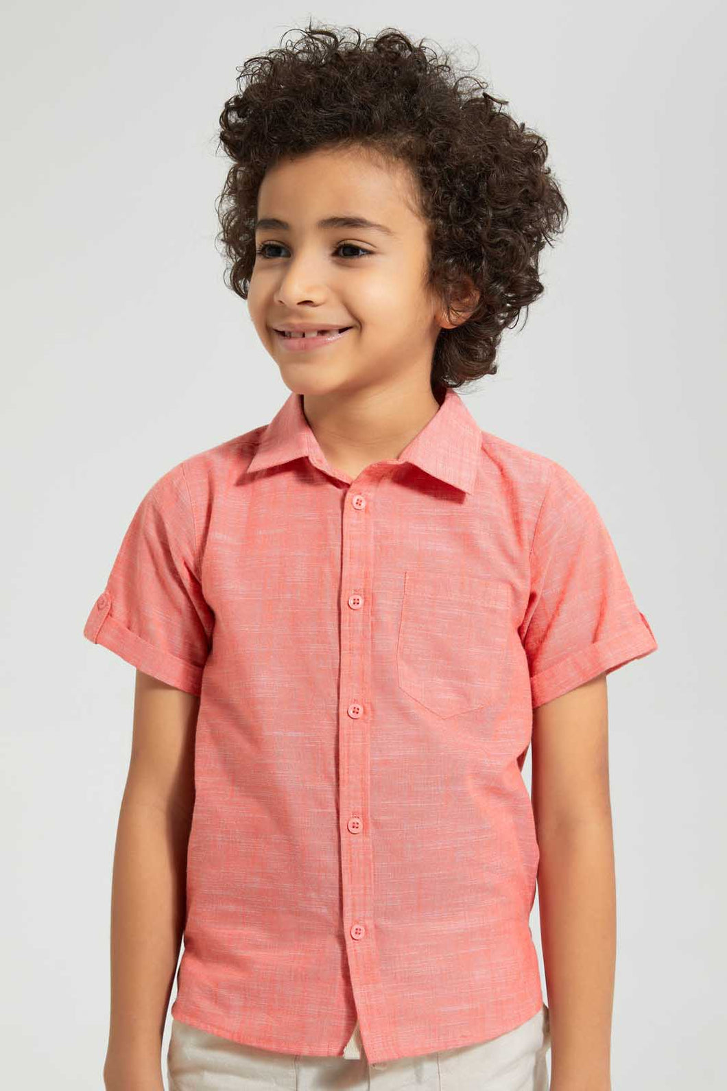 Redtag-Red-Two-Tone-Short-Sleeve-Shirt-Casual-Shirts-Boys-2 to 8 Years