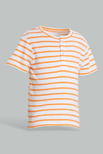 تنزيل الصورة على معرض الصور، Redtag-Orange-Yd-Henley-T-Shirt-Striped-Infant-Boys-3 to 24 Months
