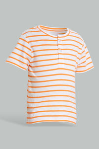 Redtag-Orange-Yd-Henley-T-Shirt-Striped-Infant-Boys-3 to 24 Months