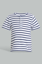 تنزيل الصورة على معرض الصور، Redtag-Navy-Yd-Henley-T-Shirt-Striped-Infant-Boys-3 to 24 Months
