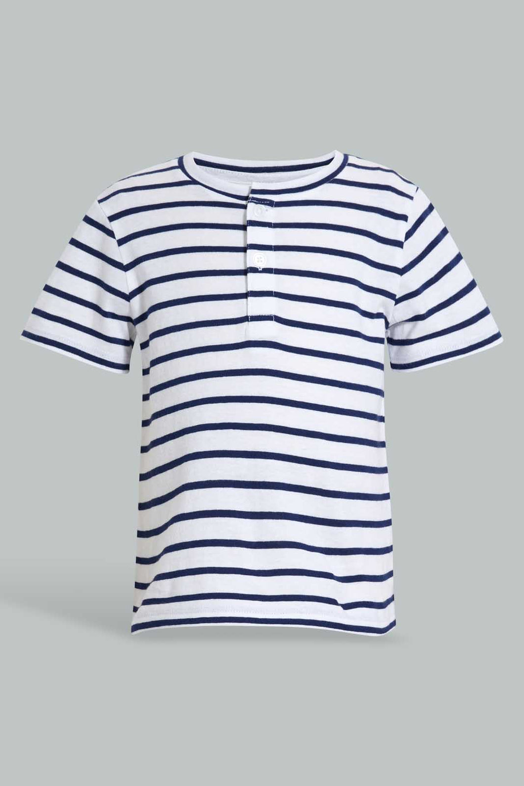 Redtag-Navy-Yd-Henley-T-Shirt-Striped-Infant-Boys-3 to 24 Months