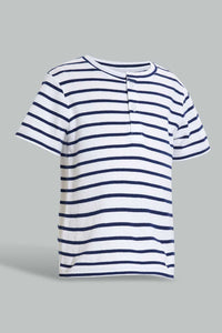 Redtag-Navy-Yd-Henley-T-Shirt-Striped-Infant-Boys-3 to 24 Months