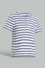 Redtag-Navy-Yd-Henley-T-Shirt-Striped-Infant-Boys-3 to 24 Months