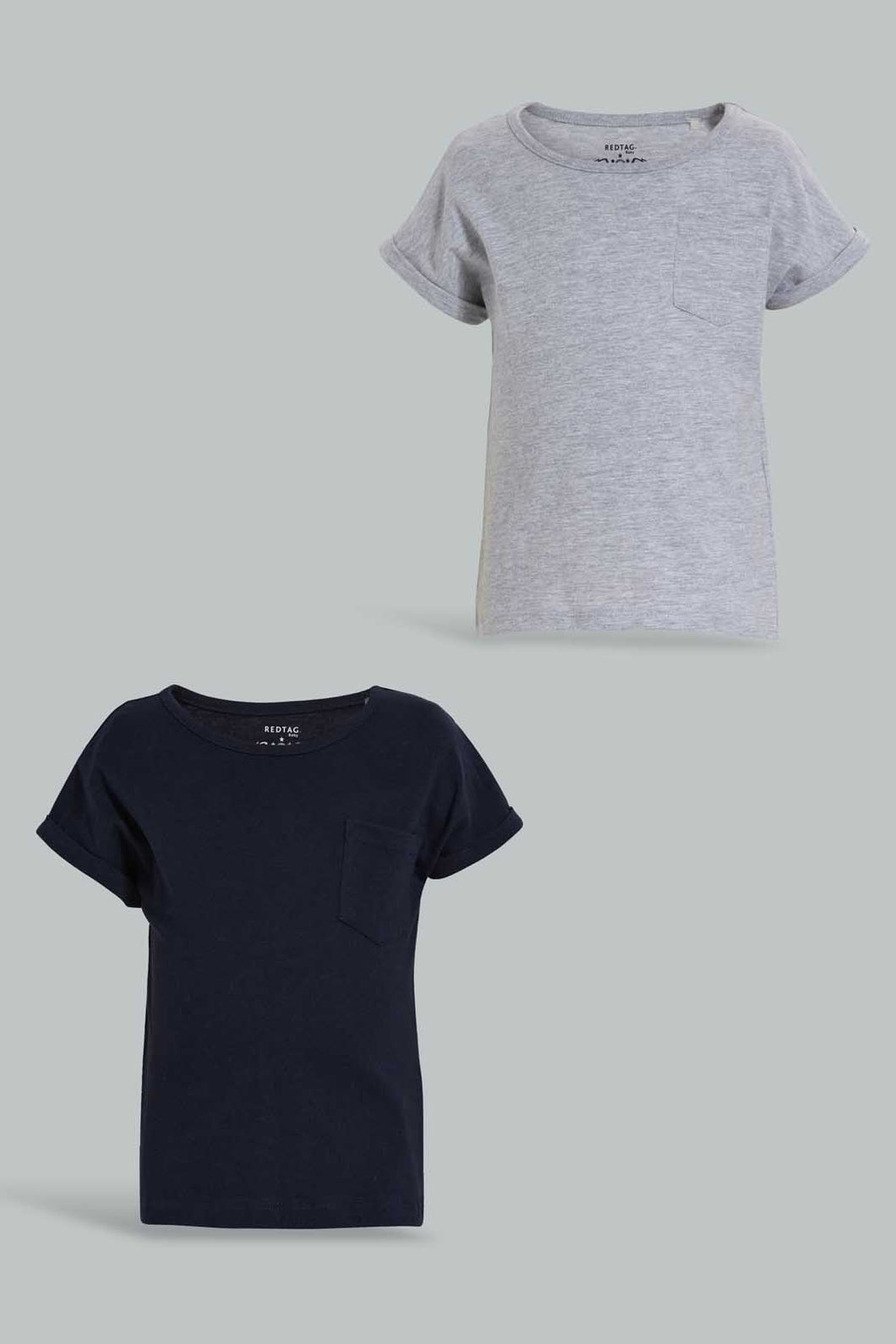 Redtag-Navy-And-Grey-Neon--Solid-T-Shirt-(2Pack)-Plain-Infant-Boys-3 to 24 Months