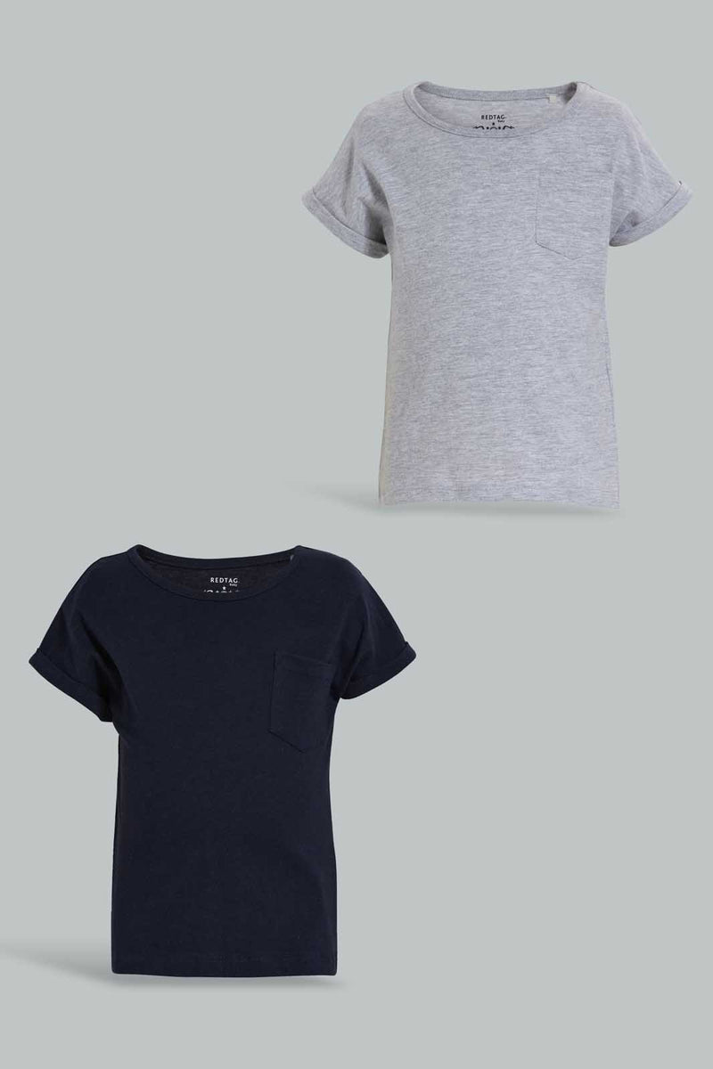 Redtag-Navy-And-Grey-Neon--Solid-T-Shirt-(2Pack)-Plain-Infant-Boys-3 to 24 Months