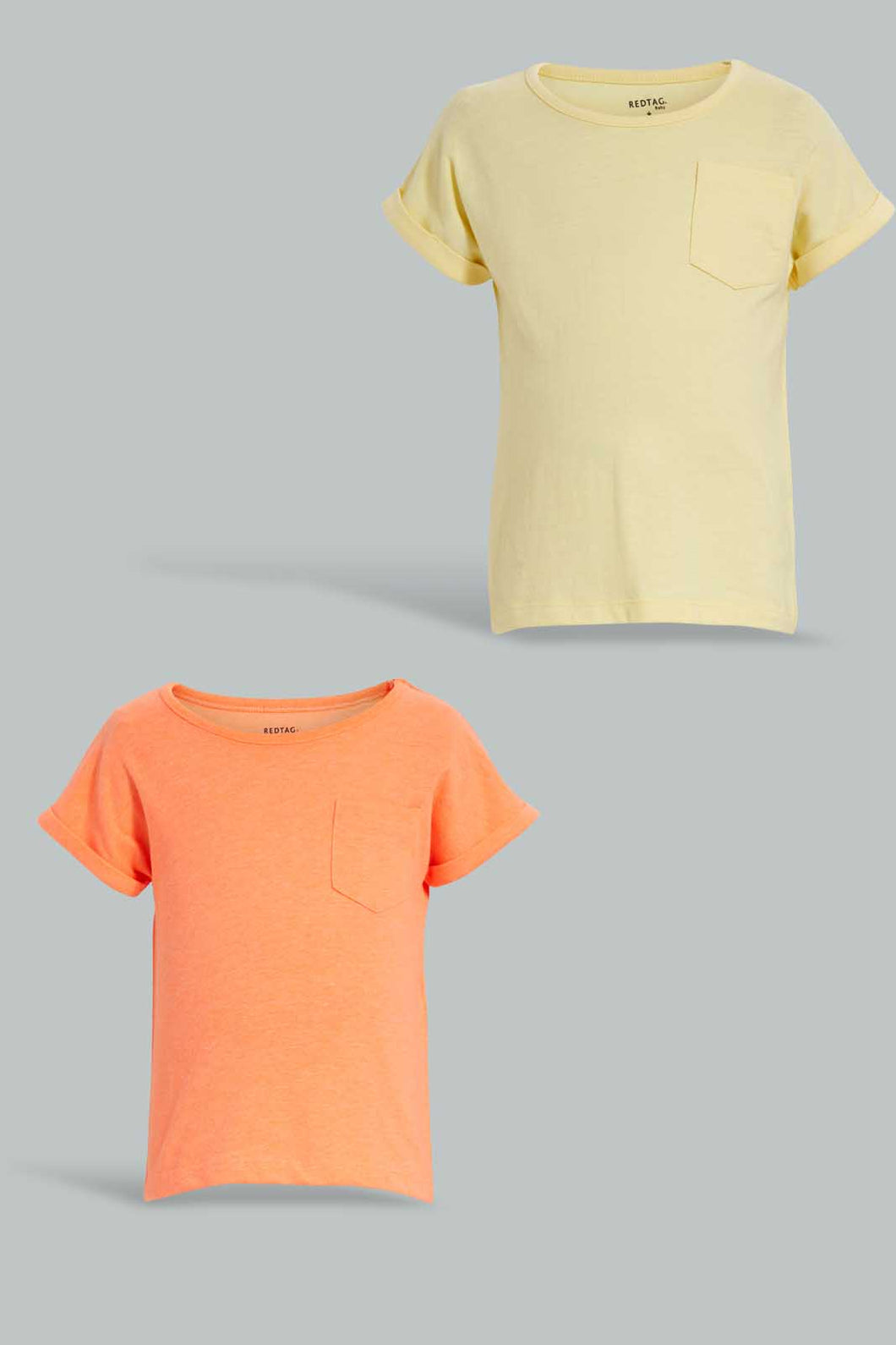 Redtag-Yellow-And-Neon-Orange-T-Shirt(2-Pack)-Plain-Infant-Boys-3 to 24 Months
