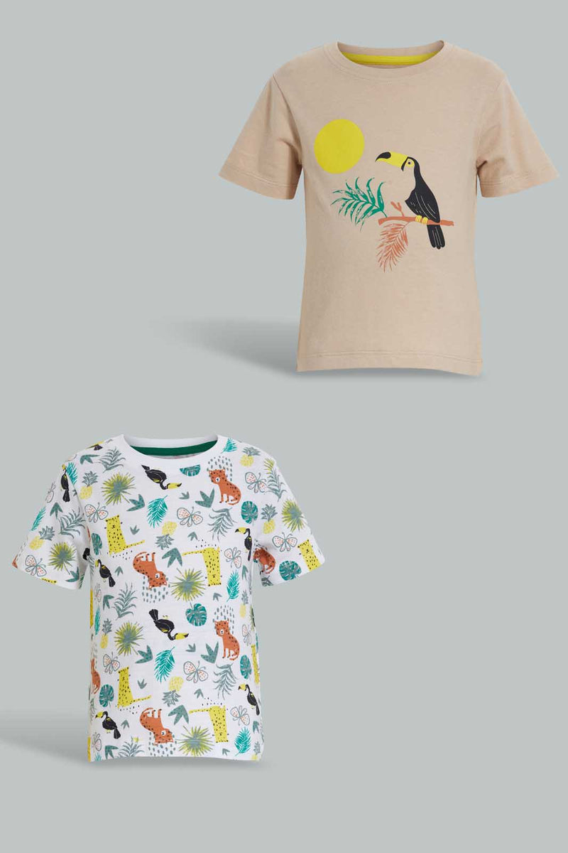 Redtag-Ecru-And-Printed-Wood-Pecker-T-Shirt-(2-Pack)-All-Over-Prints-Infant-Boys-3 to 24 Months