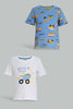 Redtag-White-And-Navy-Truch-T-Shirt-(2-Pack)-All-Over-Prints-Infant-Boys-3 to 24 Months
