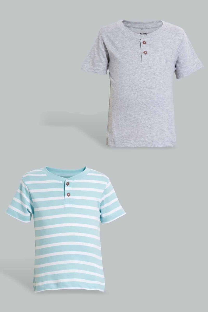 Redtag-Grey-Solid-And-Blue-Henley-T-Shirt-(2-Pack)-Striped-T-Shirts-Infant-Boys-3 to 24 Months