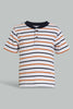 Redtag-Navy-And-Red-Striped-Henley-T-Shirt-(2-Pack)-Striped-Infant-Boys-3 to 24 Months