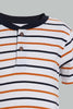 Redtag-Navy-And-Red-Striped-Henley-T-Shirt-(2-Pack)-Striped-Infant-Boys-3 to 24 Months