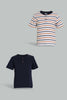 Redtag-Navy-And-Red-Striped-Henley-T-Shirt-(2-Pack)-Striped-Infant-Boys-3 to 24 Months