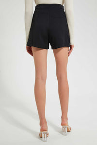 Redtag-Black-Mid-Length-Short-With-Button-Details-Shorts-Women's-