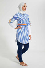 Load image into Gallery viewer, Redtag-Blue-X-White-Stripe-Shirt-Half-Placket-Dresses-Women&#39;s-
