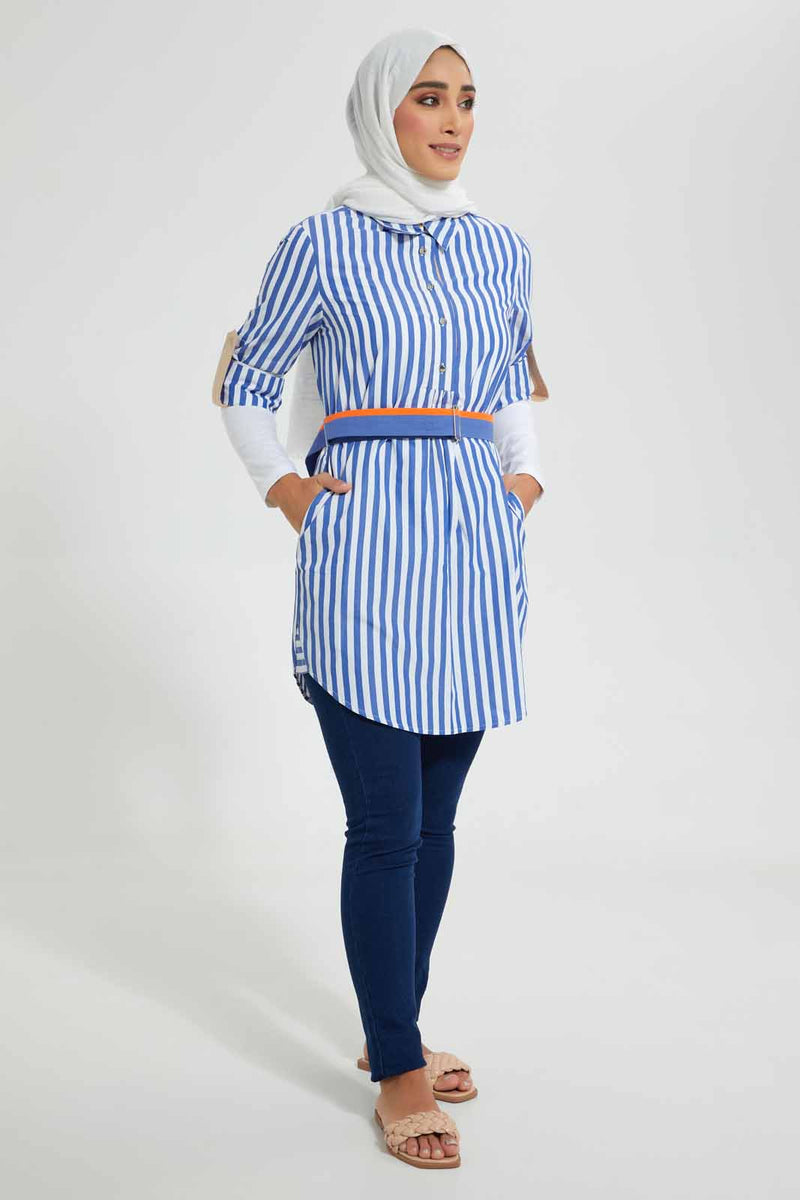 Redtag-Blue-X-White-Stripe-Shirt-Half-Placket-Dresses-Women's-