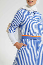 Load image into Gallery viewer, Redtag-Blue-X-White-Stripe-Shirt-Half-Placket-Dresses-Women&#39;s-
