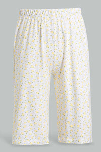 Yellow And White Printed Pyjama Set For Senior Girls (2 Piece)