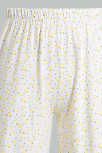 Yellow And White Printed Pyjama Set For Senior Girls (2 Piece)