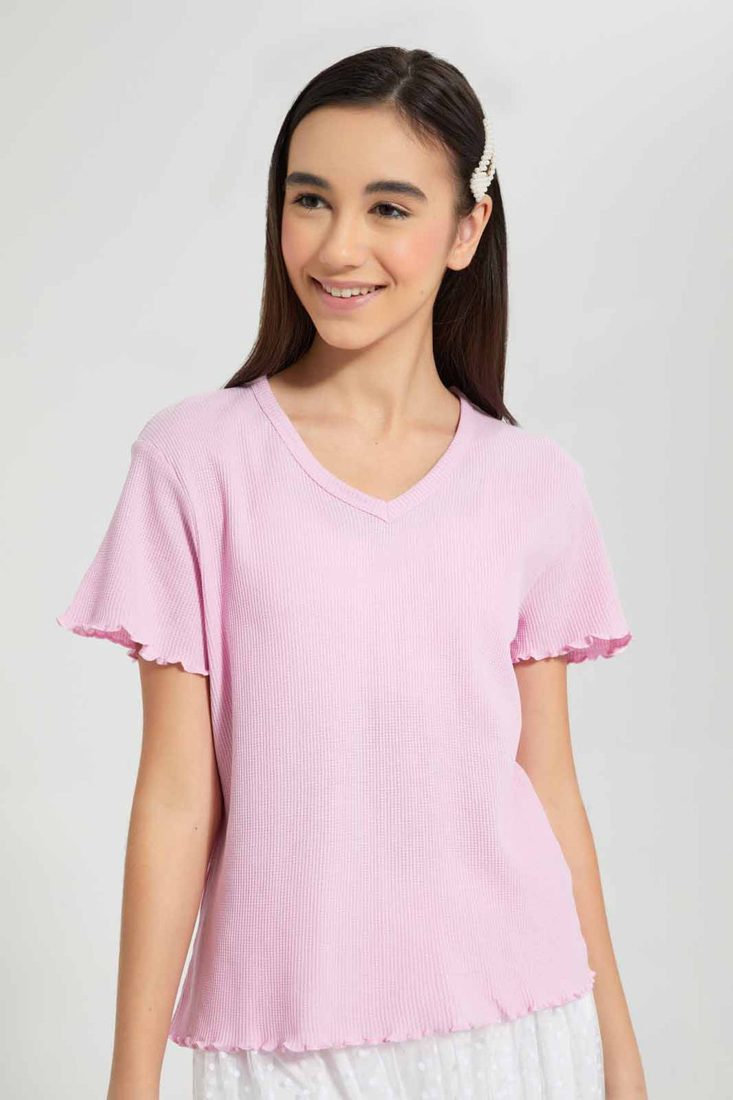 Redtag-Pink-Waffle-Top-Plain-T-Shirts-Senior-Girls-9 to 14 Years