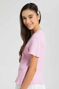 Redtag-Pink-Waffle-Top-Plain-T-Shirts-Senior-Girls-9 to 14 Years