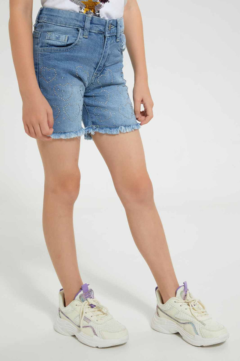 Redtag-Lt.-Wash-Girls-Denim-Rhinestone-Short-Casual-Shorts-Girls-2 to 8 Years