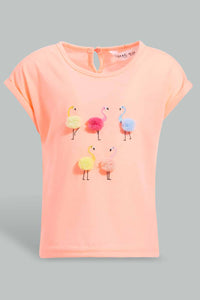 Redtag-Neon-Pink-Flamingo-Artwork-T-Shirt-With-White-Scallop-Hem-Short-Sets-Infant-Girls-3 to 24 Months