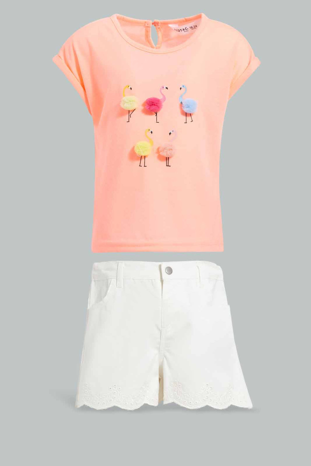 Redtag-Neon-Pink-Flamingo-Artwork-T-Shirt-With-White-Scallop-Hem-Short-Sets-Infant-Girls-3 to 24 Months