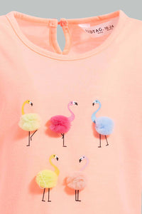 Redtag-Neon-Pink-Flamingo-Artwork-T-Shirt-With-White-Scallop-Hem-Short-Sets-Infant-Girls-3 to 24 Months