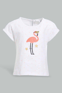 Redtag-White-Flamingo-Artwork-T-Shirt-With-Short-Sets-Infant-Girls-3 to 24 Months