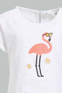 Redtag-White-Flamingo-Artwork-T-Shirt-With-Short-Sets-Infant-Girls-3 to 24 Months