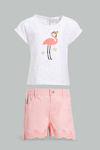 تنزيل الصورة على معرض الصور، Redtag-White-Flamingo-Artwork-T-Shirt-With-Short-Sets-Infant-Girls-3 to 24 Months
