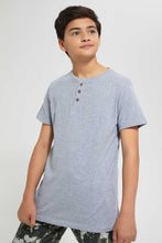 Load image into Gallery viewer, Redtag-Grey-Melange-Jacquard-Henley-T-Shirt-Henley-T-Shirts-Senior-Boys-9 to 14 Years
