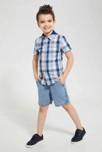 Load image into Gallery viewer, Redtag-Blue-Hooded-Check-Short-Sleeve-Shirt-Casual-Shirts-Boys-2 to 8 Years
