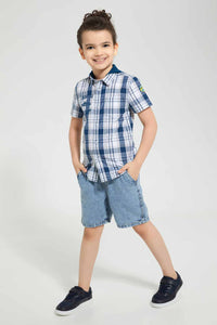 Redtag-Blue-Hooded-Check-Short-Sleeve-Shirt-Casual-Shirts-Boys-2 to 8 Years