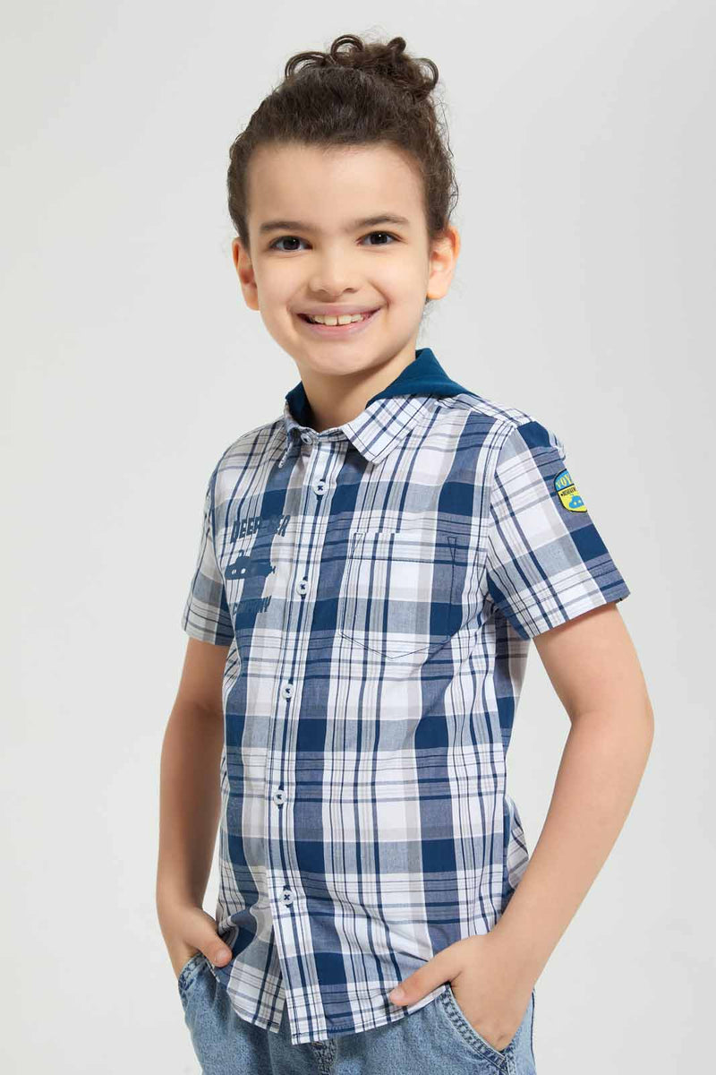 Redtag-Blue-Hooded-Check-Short-Sleeve-Shirt-Casual-Shirts-Boys-2 to 8 Years