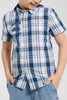 Redtag-Blue-Hooded-Check-Short-Sleeve-Shirt-Casual-Shirts-Boys-2 to 8 Years