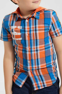 Redtag-Orange-Hooded-Check-Short-Sleeve-Shirt-Casual-Shirts-Boys-2 to 8 Years