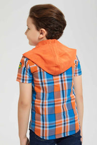 Redtag-Orange-Hooded-Check-Short-Sleeve-Shirt-Casual-Shirts-Boys-2 to 8 Years