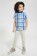 تنزيل الصورة على معرض الصور، Redtag-Blue-Knitted-Collar-Check-Short-Casual-Shirts-Boys-2 to 8 Years
