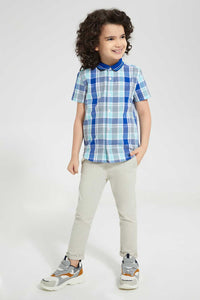 Redtag-Blue-Knitted-Collar-Check-Short-Casual-Shirts-Boys-2 to 8 Years