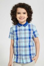 تنزيل الصورة على معرض الصور، Redtag-Blue-Knitted-Collar-Check-Short-Casual-Shirts-Boys-2 to 8 Years
