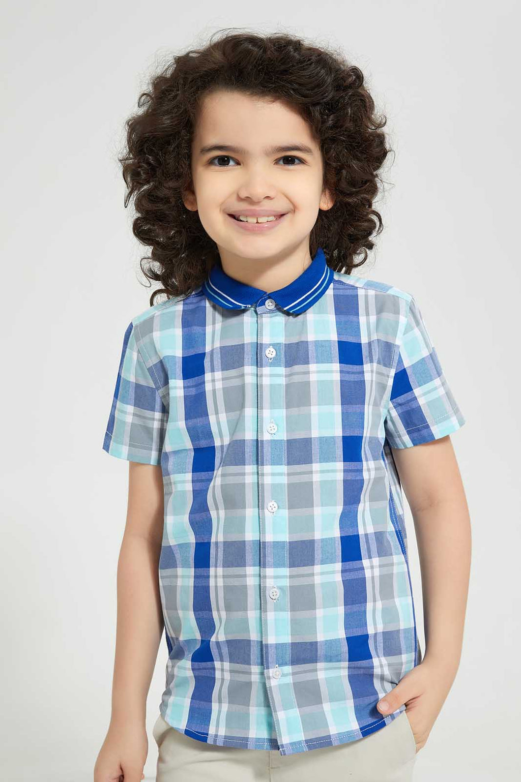 Redtag-Blue-Knitted-Collar-Check-Short-Casual-Shirts-Boys-2 to 8 Years