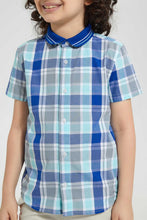 تنزيل الصورة على معرض الصور، Redtag-Blue-Knitted-Collar-Check-Short-Casual-Shirts-Boys-2 to 8 Years
