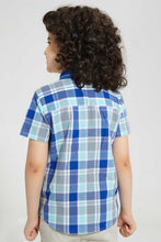 تنزيل الصورة على معرض الصور، Redtag-Blue-Knitted-Collar-Check-Short-Casual-Shirts-Boys-2 to 8 Years
