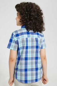 Redtag-Blue-Knitted-Collar-Check-Short-Casual-Shirts-Boys-2 to 8 Years