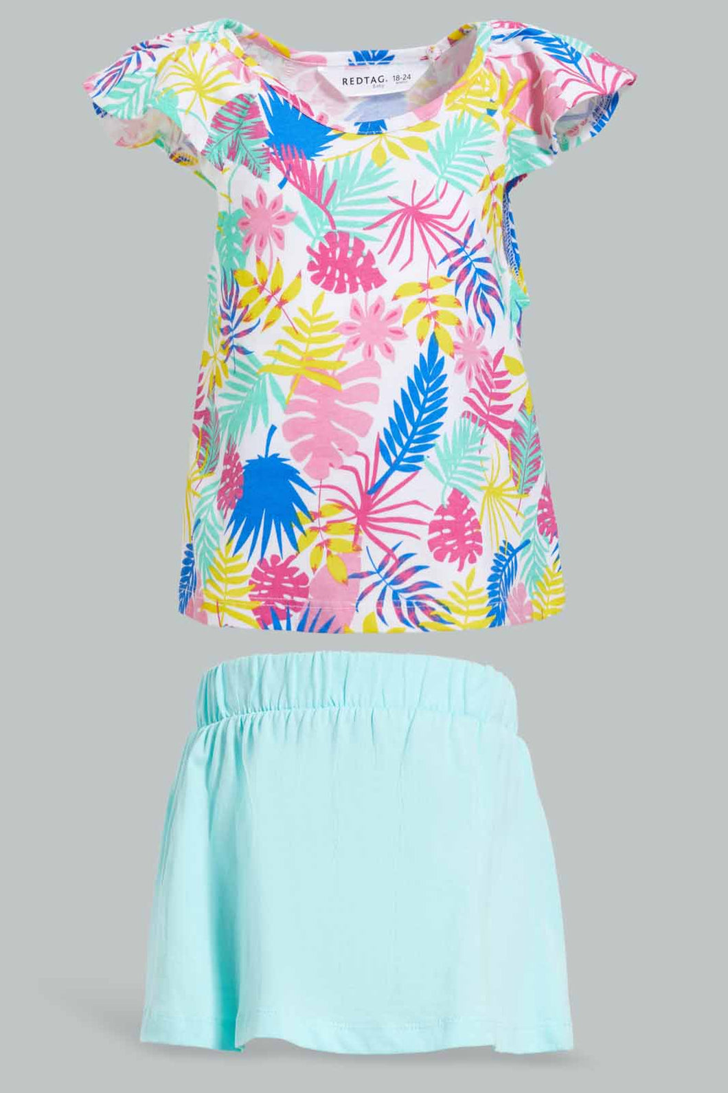 Redtag-White-Tropical-Printed-T-Shirt-And-Mint-Solid-Skirt-Sets-Infant-Girls-3 to 24 Months