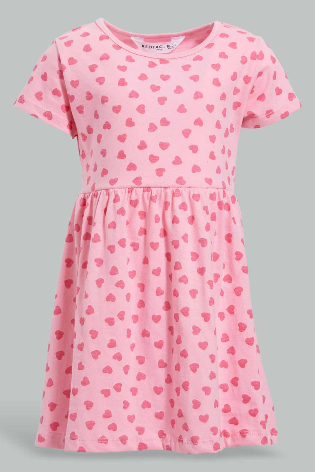 Redtag-Pink-Heart-Printed-Dress-Dresses-Infant-Girls-3 to 24 Months
