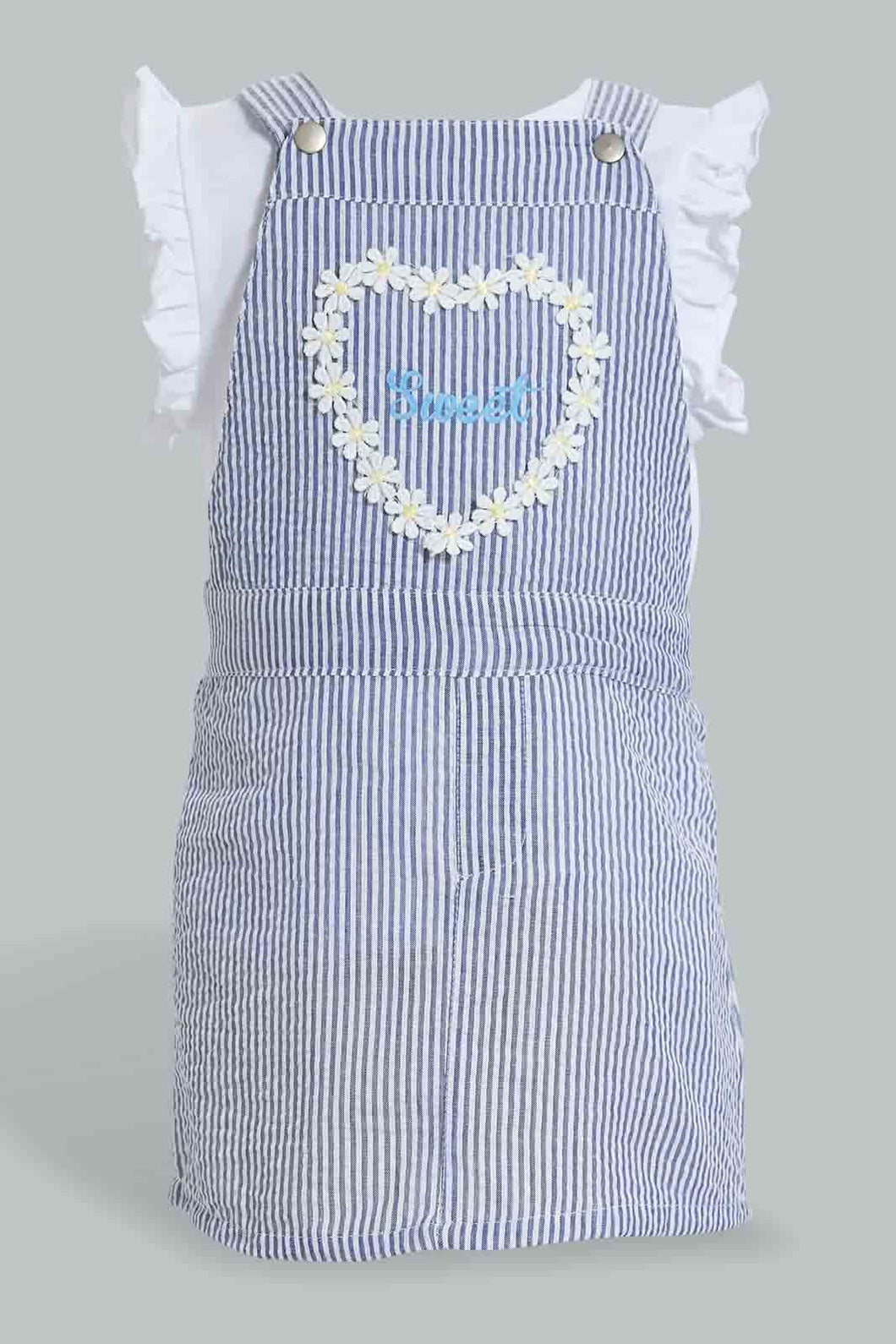 Redtag-Blue-Dungaree-Dress-With-White-T-Shirt-Sets-Infant-Girls-3 to 24 Months