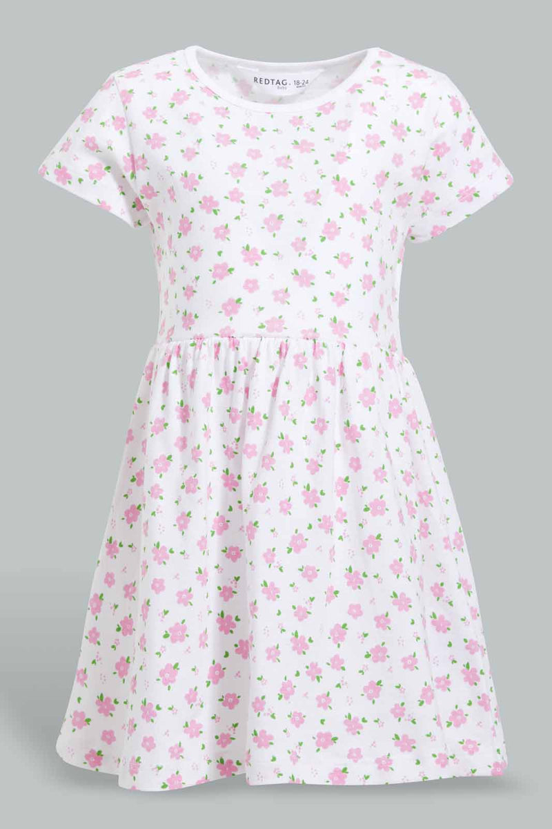 Redtag-Coral-Floral-Printed-Dress-Dresses-Infant-Girls-3 to 24 Months